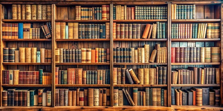 Altes Buchregal aus Holz mit alten B&uuml;chern - Bildung - Lesen - Wissen - Bibliothek - Studieren und lernen - warmes Licht - Vintage