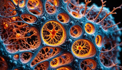 A close-up of a bone cell reveals intricate, glowing structures, with a dark background.