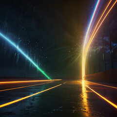 Futuristic Urban Scene Featuring a Dynamic Burst of Light and Streaks of Illuminated Trails in a High-Tech Industrial Setting