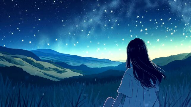 A girl looks at the starlit sky from field of rolling hills. Anime or cartoon style, looping 4k video animation background