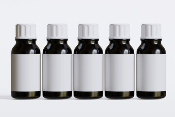 Packaging bottle black color and white blank label for medicine, pill or supplement, cosmetic, chemical and etc on white background