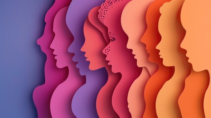 Happy women's day card with Five women of different ethnicities and cultures stand side by side together. Strong and brave girls support each other. Sisterhood and females friendship. Vector