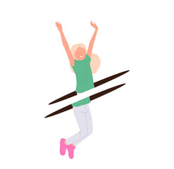 Fototapeta premium Cheerful teen girl cartoon character jumping through futuristic gate hole isolated on white