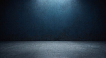 Empty Dark Blue Studio Background and Grey Floor Concrete perspective with blue soft light well editing Floor Display product and text present on Wall Room Empty free space Black Cement Backdrop photo