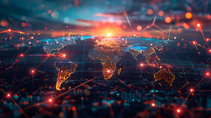 Global Sunrise Network: Illuminated Digital World Map with Dynamic Connections