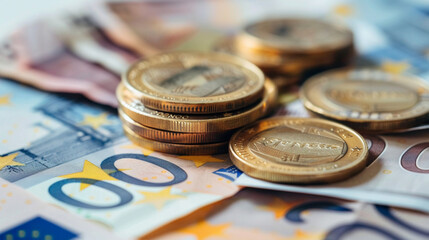 Close-up on European Coins and Banknotes: The Fascination of Money.
Composition of European Currency: Coins and Banknotes in Detail.