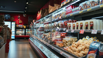 Fototapeta premium Supermarket aisle with fresh and organized products. Detail of a Modern Supermarket: Food Products on Display.