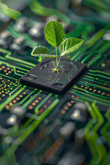 A computer chip with a small green plant sprouting from it. 