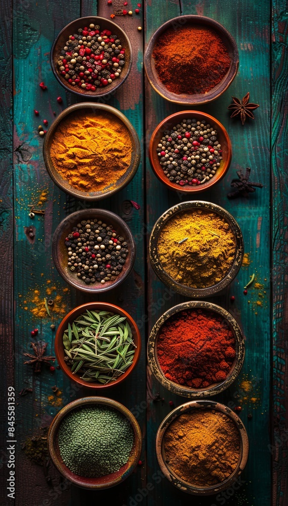 Poster top-down view of colorful spices in ceramic bowls arranged on a wooden table. generative ai