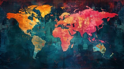 world map, pop color, abstract illustration, collage