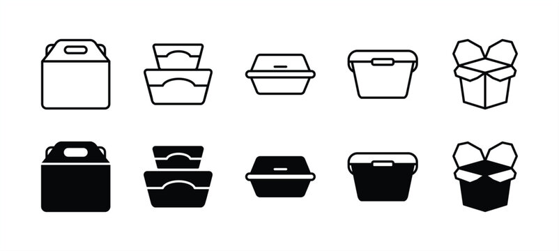 Food bag or box thin line icon set. Containing packaging, cardboard box, container, product, snack, lunch box, paper, eatery, fast food, tableware. Vector illustration