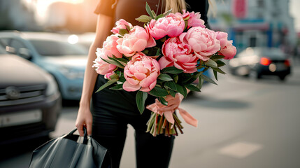 Woman with flowers and bag