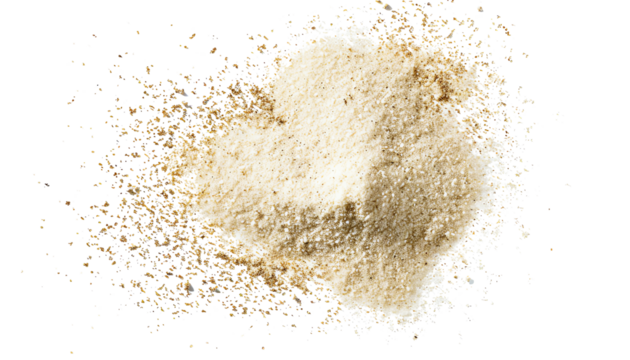 A close-up image of a pile of bread crumbs on a white background. The crumbs are scattered in different directions.