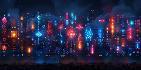 neon digital tribal markings on dark blue background