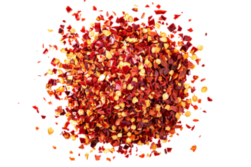 A pile of red chili pepper flakes isolated on a white background.