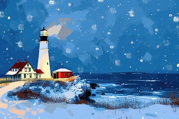 Yuletide Coastline: Whimsical New England Lighthouse in Winter