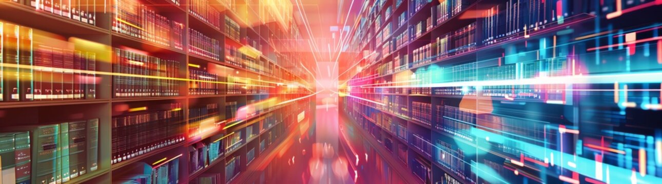 A digital library of books and data, with colorful bookshelves filled with various information tools like smartphones, tablets, and laptops, symbolizing the growth