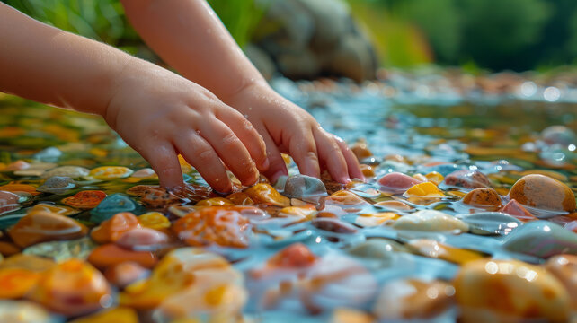 Child's hands playing with pebbles in a stream