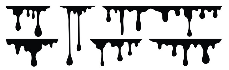 Black dripping oil stain, melt drips , liquid, ink silhouettes isolated vector illustration.