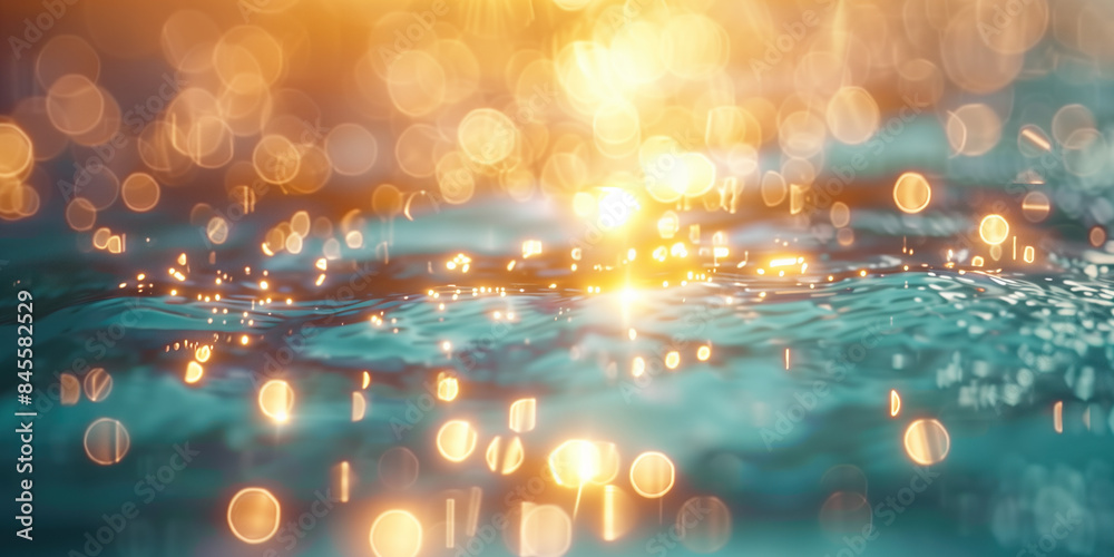 Poster abstract background with blurry lights on sea water. caustics and bokeh. created with generative ai 