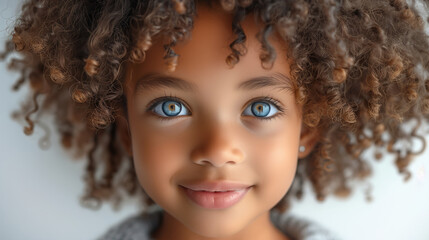 Fototapeta premium A young girl with curly hair and blue eyes is smiling. She has a blue shirt on. The girl's hair is styled in a ponytail. surprised and smilling afro girl , 7-8 years , looking at the camera