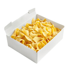 Yellow egg pasta nests in white cardboard box isolated on transparent background