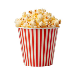 A red and white striped popcorn bucket full of popped popcorn isolated on transparent background