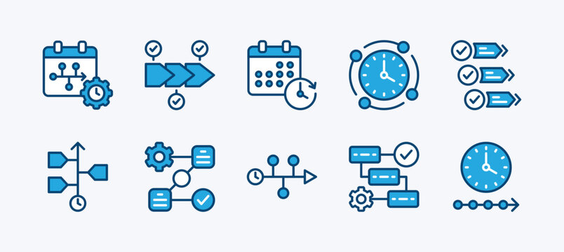 Set of timeline icon. Containing guideline, workflow, information, progress, step, management, schedule, hierarchy, infographic, organisation, procedure, system, scheme for event. Vector illustration