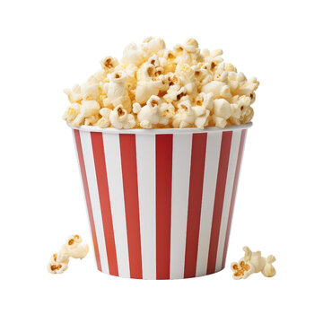 A red and white striped bucket of popcorn isolated on a transparent background.