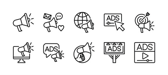Business advertising thin line icon set. Containing megaphone, media social, online video, campaign, billboard, communication, marketing target, internet, website, adsense. Vector illustration