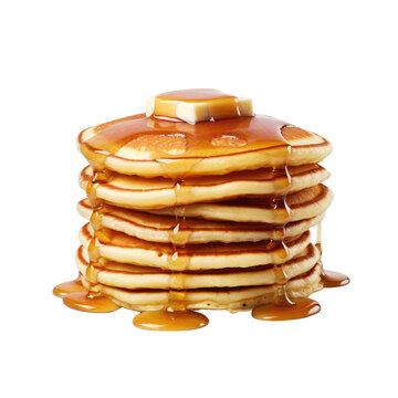 A stack of pancakes with butter and syrup isolated on transparent background