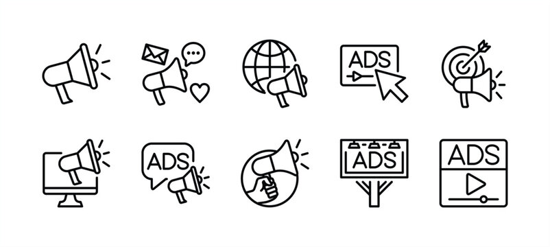 Business advertising thin line icon set. Containing megaphone, media social, online video, campaign, billboard, communication, marketing target, internet, website, adsense. Vector illustration