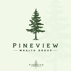 Hand drawn vintage retro evergreen forest pine cedar spruce cypress hemlock tree logo design vector © vinsvectory