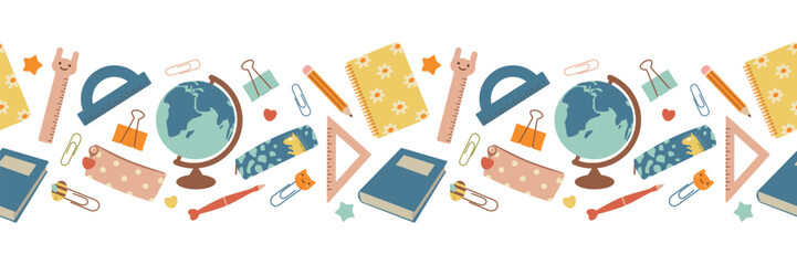 School seamless border. School stationery in clip art style. Back to school. Isolated vector illustration