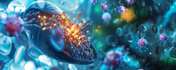 Concept art illustrating nanoparticles delivering therapeutic agents, highlighting advanced nanotechnology in medicine