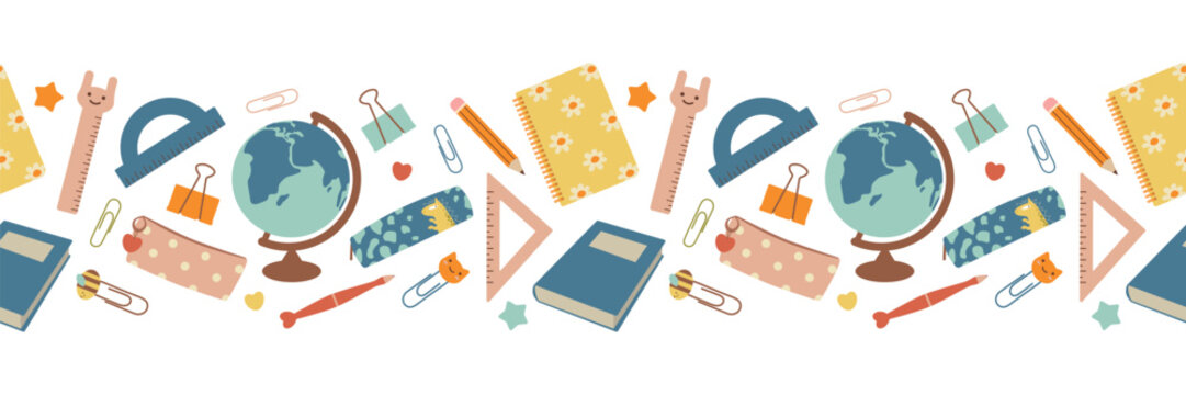 School seamless border. School stationery in clip art style. Back to school. Isolated vector illustration