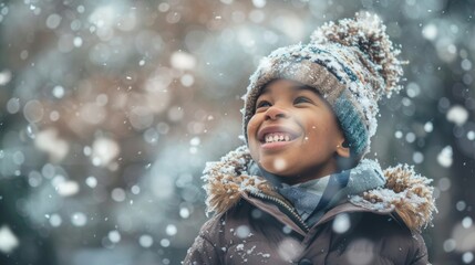 Smiling child dressed in winter clothes enjoys the falling snowflakes, capturing the joy of a first winter snowfall.