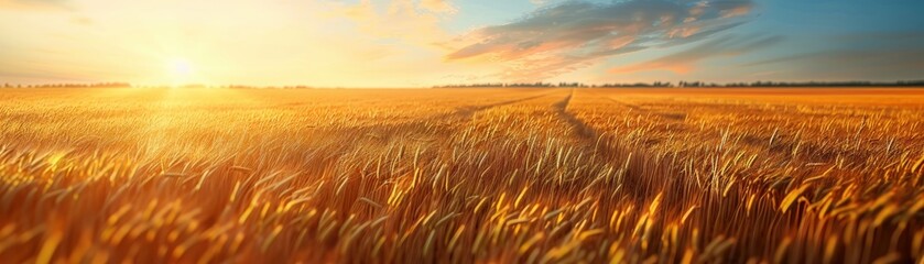 Naklejka premium Golden wheat field bathed in warm sunset light.