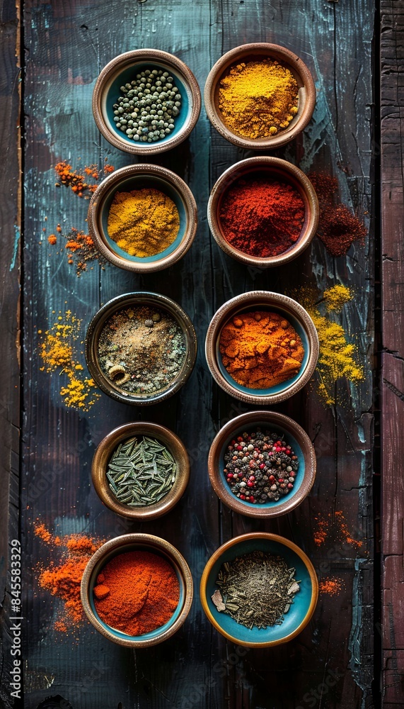 Poster A top-down view of colorful spices in beautiful ceramic bowls arranged on a rustic wooden surface. Generative AI