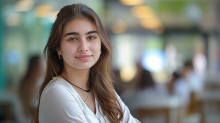 Obraz premium Confident young female Pakistani student standing in classroom, poised, confident posture, determined expression, academic setting, classroom environment.