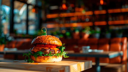 hamburger with cheddar cream and fresh and tasty brioche bun.