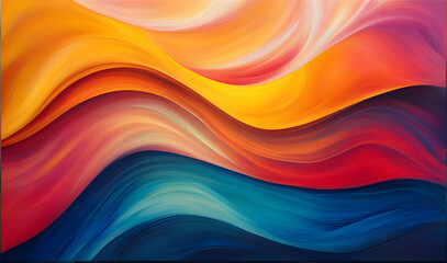 Obraz premium The image is an abstract painting with bright, saturated colors. The colors are blended together in a fluid, wave-like pattern. The painting has a sense of movement and energy