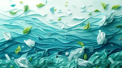 Ocean Pollution with Waves and Plastic Waste Paper Cut Art