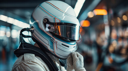 A male racer in helmet preparing