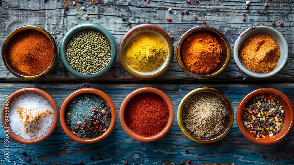 Poster a top-down view of colorful spices in ceramic bowls arranged on a rustic wooden surface. generative 