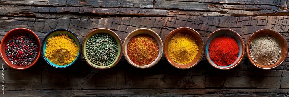 Poster a top-down view of seven colorful spices in various ceramic bowls, arranged on a rustic wooden surfa