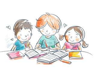 Children's drawing showing a group of children happily learning together.