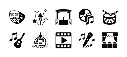 Naklejka premium Event entertainment icon set. Containing theatre mask, fireworks, stage, concert music, drum, acoustic guitar, disco ball, karaoke, singing, cinema movie video. Vector illustration