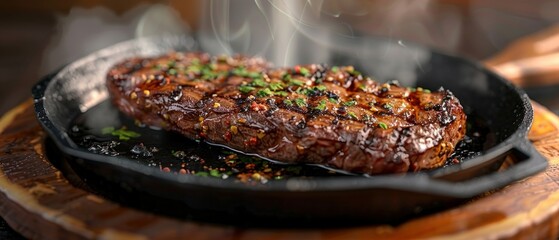 Sizzling steak in a cast iron pan with herbs.