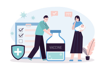 Vaccination of nursing woman with baby in her arms. Vaccination of newborn baby. Male doctor offer vial with vaccine for mother with child.